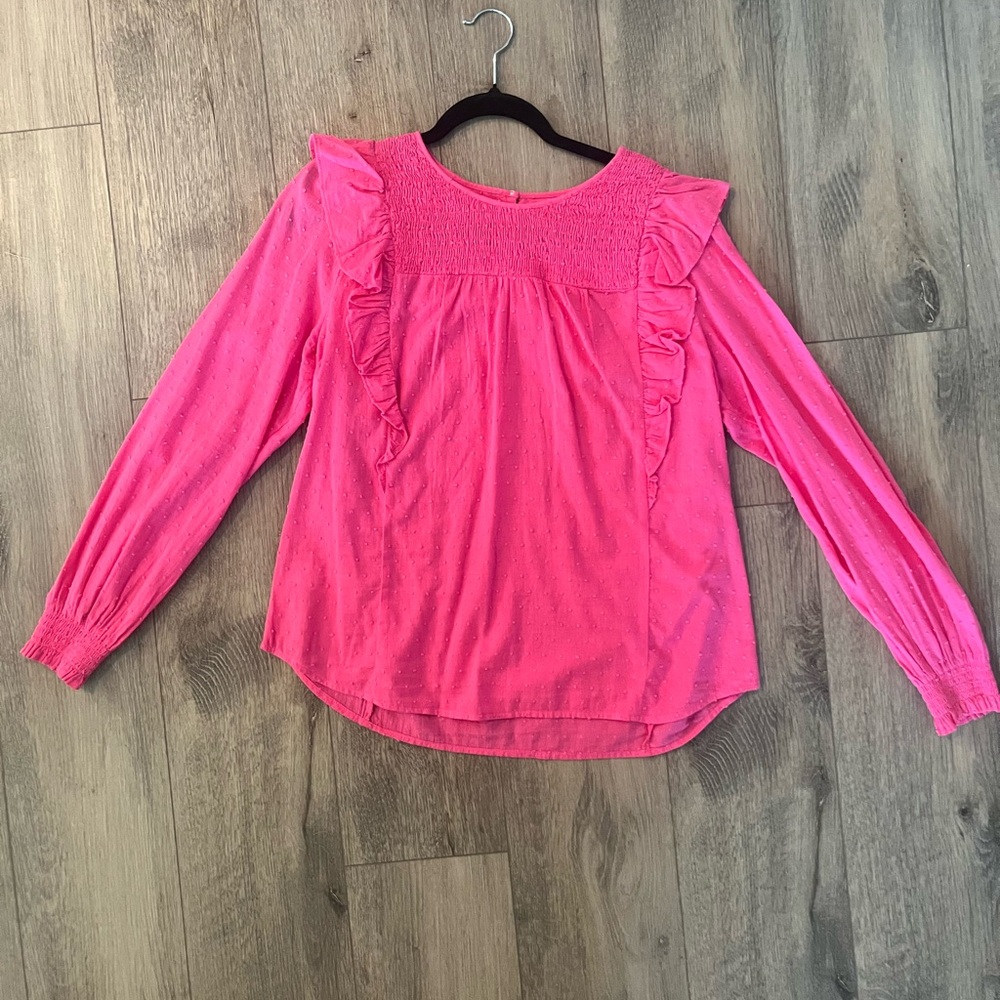 LOFT Pink Smocked Ruffled Long Sleeve Blouse